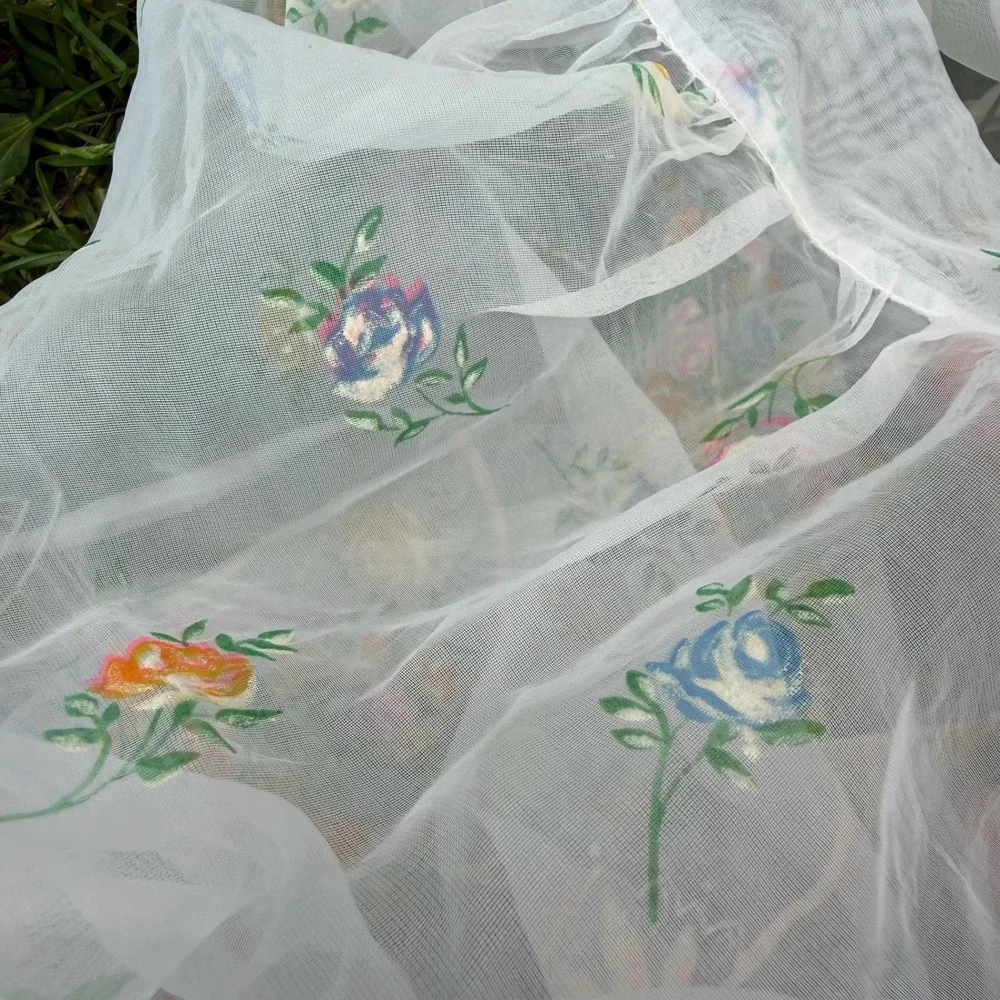 Vintage Half Apron White Sheer Floral Birdcage Scalloped Organza Retro 50s